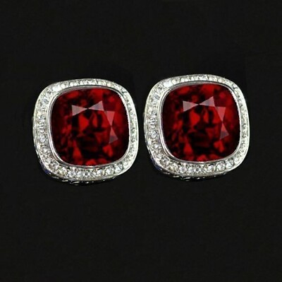 #ad 925 Sterling Silver Halo Red Ruby And White Cubic Zirconia Men#x27;s Cufflinks $161.95