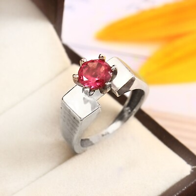 #ad Silver Craft Silver Natural Red Tourmaline Round Shape Silver Ring For Women $365.92