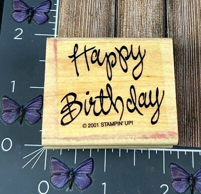 #ad Stampin#x27; Up Happy Birthday Script Rubber Stamp 2001 Wood Mount #P13 $2.75