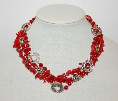 #ad PREMIER DESIGNS COUTURE RED BEADS AND CHIPS WITH SILVER TONED ACCENTS NECKLACE $24.75