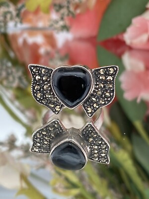 #ad Vintage Sterling Silver Marcasite Black Onyx Cocktail Heart Ring Band $29.99