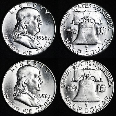 #ad 1958 P AND D SET OF GEM BU Franklin Silver Half Dollars UNCIRCULATED BLAST WHITE $50.44