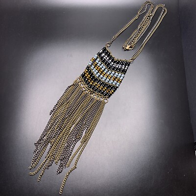 #ad Boho Fringe Pendant Necklace Antiqued Brass Tone Gunmetal Glass Beaded Long $19.95