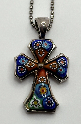 #ad Alan K Signed Millefiori Glass 925 Sterling Silver Cross Pendant Necklace $59.99