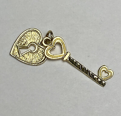 #ad 14k Heart and Key Charm Charms Yellow Gold 2 Piece Flat Engraved Design $129.90