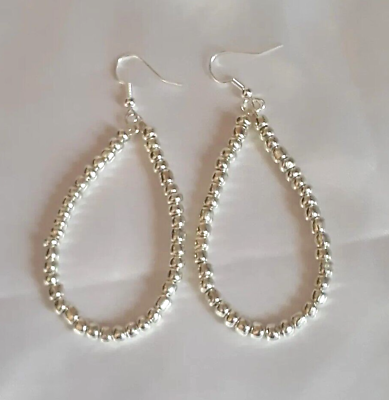 #ad Silver Color Glass Seed Bead Teardrop Hoop Dangle Hook Earrings Handmade 3 inch $6.99