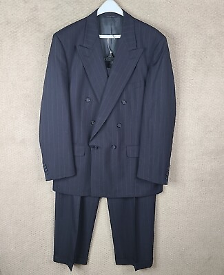 #ad Vintage Burberry Suit Mens 44R 36x31 Blue Striped 2 Peice Double Breasted Wool $94.99