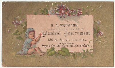 #ad 1880s Philadelphia PA Tiny Kid German Accordion Music Store Victorian Trade Card $15.00