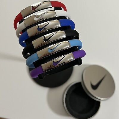 #ad Nike Bracelet Adjustable Nike Silicone Wristband w Steel Clasp and Metal Tin $9.99