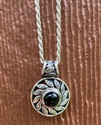 #ad ATI Black Onyx Cabachon Set in Ornate Handcrafted .925 Sterling Pendant Necklace $39.99