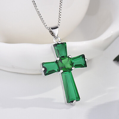 #ad Hotsale Cross Shape Green Citrine Gemstone Women Silver Necklace Pendants 18#x27;#x27; $6.85