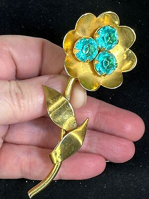 #ad Flower Handcrafted Aqua Rhinestones 1930s Vintage Gold Brooch Pin M 5768 $19.99