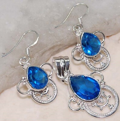 #ad 12CT Flawless Blue Topaz 925 Sterling Silver Earrings Pendant Set NW17 1 $28.99