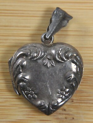 #ad Vintage Heart Pendant Locket Picture 925 Sterling Silver Ornate Floral Repousse $80.00