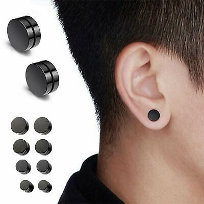 #ad Black Stainless Steel Magnetic Fake Gauges Earring Studs Non Pierced Earrings $5.89