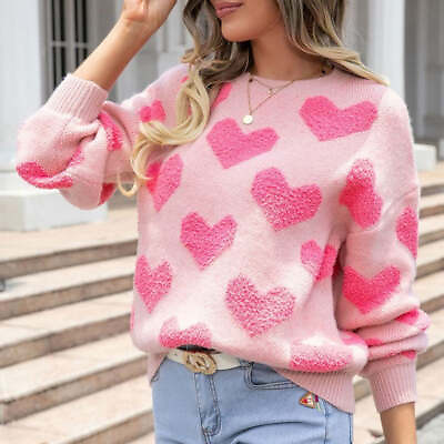 #ad EG Fashion Fuzzy heart pink knit pullover sweater S XL $64.00