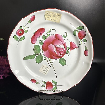 #ad Antique French Faience Plate Pink Roses 19thC 9.15”W Luneville $59.00
