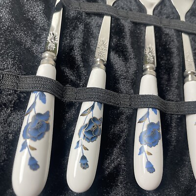 #ad Demitasse Spoon Set of 7 Stainless Steel 18 10 Ceramic Handle Blue Gold Flower $25.99