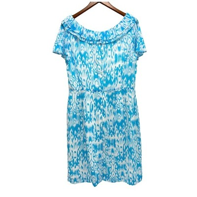 #ad ALEX MARIE Taylor Dress Ikat Print Aqua Blue Ruffled short Sleeve Lined Size 12 $19.99