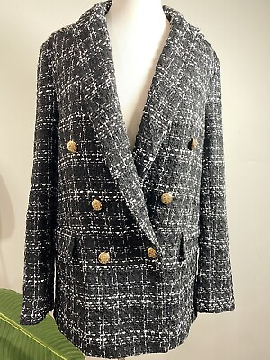 #ad The Drop Jacket Women’s S Black Blazer Tweed Double Breast Plaid Long Sleeve $62.74