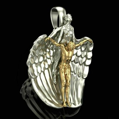 #ad Silver Two Tone Gold Plated Religious Charm Guardian Angel Jesus Rescue Pendant $139.29
