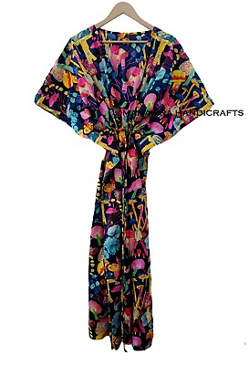 #ad Indian Blue Cotton Loose Sleeve Mushroom Print Free Size Bohemian Caftan Dress $22.07