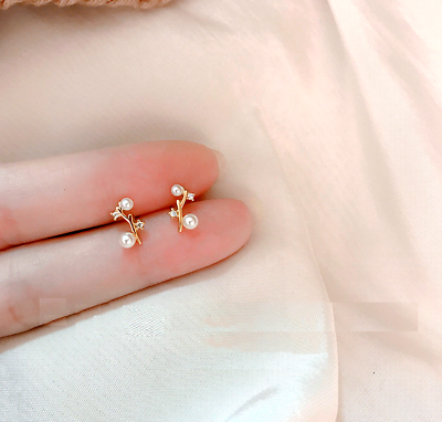 #ad Silver Flower Branch Pearl Cubic Zirconia Stud Earrings $9.99