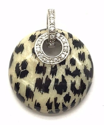 #ad Sterling Silver Enamel Cream Black Cheetah Print CZ Bail Round Animal Pendant $31.20