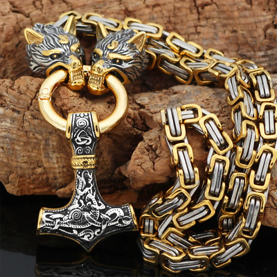 #ad Nordic Celtic Wolf Men#x27;S Necklace Viking Wolf Head Stainless Steel Pendant $24.27