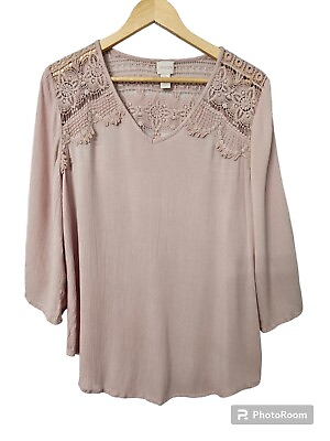 #ad Chicos Pink Lace Top Blouse 3 4 Sleeve V Neck Size 2 Or 2X $21.00