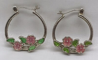 #ad Pair of Sterling Silver 925 Enamel Pink Flower Hoop Earrings Marked NV $22.50