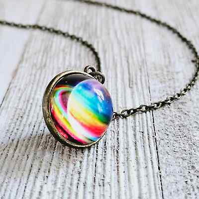 #ad Handmade 20quot; Rainbow Saturn Rings Planet Glass Round Ball Pendant $18.95