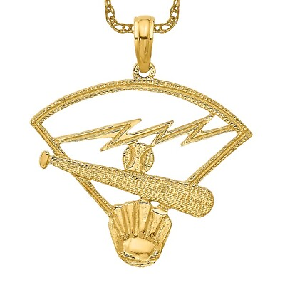 #ad 14K Yellow Gold Baseball Diamond Necklace Softball Charm Sports Pendant $232.00