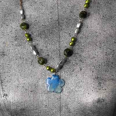#ad pendant necklace green silver beaded floral blue pendant costume fashion jewelry $12.00