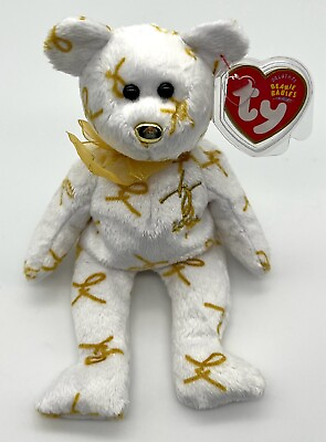 #ad Ty Beanie Babies “2004 Signature Bear” White amp; Gold Teddy Bear w Tag Protector $5.99