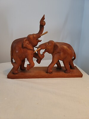 #ad Vintage Hand carved wood fighting elephant Sculpture Figurine 8.5quot; X 10.25quot; Rare $15.00