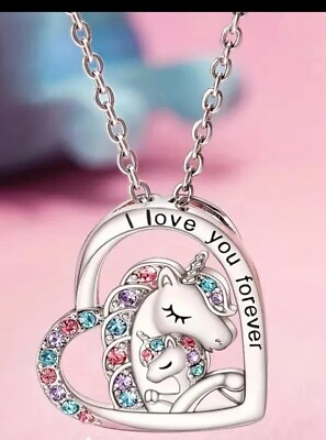 #ad Lovely Heart Shaped Unicorn Pendant Necklace Mom Daughter I Love You Forever $9.97