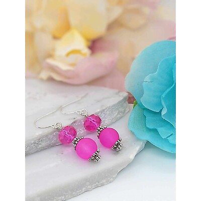 #ad Pink Sea Glass Silver Dangle Earrings Beach Dangle Gift For Beach Lover Handmade $11.99