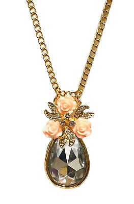 #ad Pink Rose Teardrop Clear Rhinestones Pendant Necklace 35quot; Gold Tone Fashion $8.49
