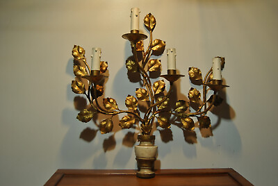 #ad Wall Lamp Candlestick Chandelier Flambeau Wood Iron Golden 4 Arm Light $88.54
