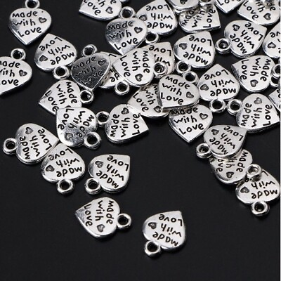 #ad Fashion Metal Silver MADE WITH LOVE Heart Charms Pendants Necklace Beads for DIY $0.99