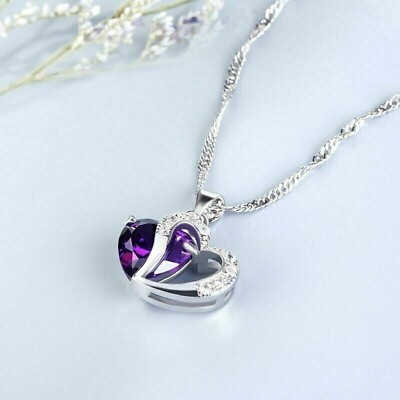 #ad 2.00Ct Heart Cut Lab Created Amethyst Heart Shaped Pendant 14K White Gold Finish $176.39