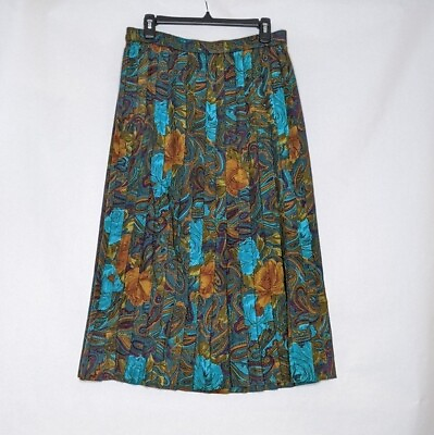 #ad Campus Casuals Vintage Pleated Teal Brown Green Skirt Paisley Floral Sz 11 12 $49.99