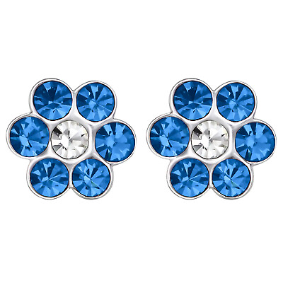 #ad Blue Flower Stud Earrings 925 Sterling Silver Push Back Crystal $11.00