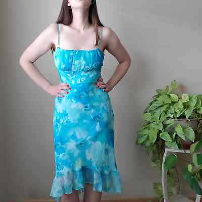 #ad Vintage blue sheer milkmaid sleeveless high low floral blue dress size 6 $42.00