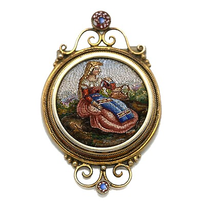 #ad 3684 Antique Micromosaic Silver Gold Plated Brooch. Rome Micro Mosaic 19th c $2700.00