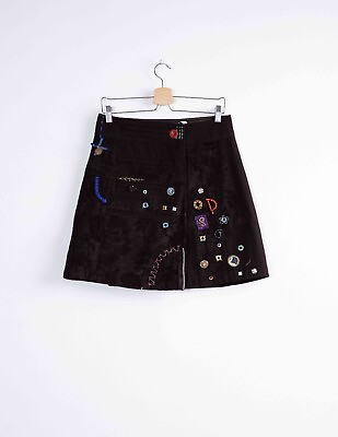 #ad Desigual Black Embroidered Sequins Wrap Button Up Mini Skirt S $30.99
