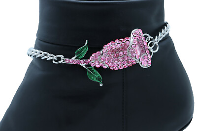 #ad Women Silver Metal Chain Boot Bracelet Shoe Pink Flower Charm Fashion Jewelry $17.99