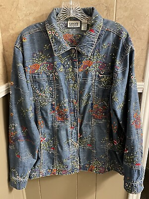 #ad Chicos Design Embroidered Blue Jean Jacket Women’s Size 3 16 XL Asian Theme $40.00