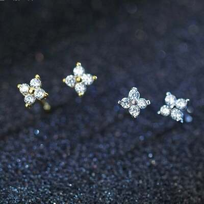 #ad Mini Flowers Stud Earrings Solid 925 Silver w CZ Stud Earrings 4 Petals Flower $10.00